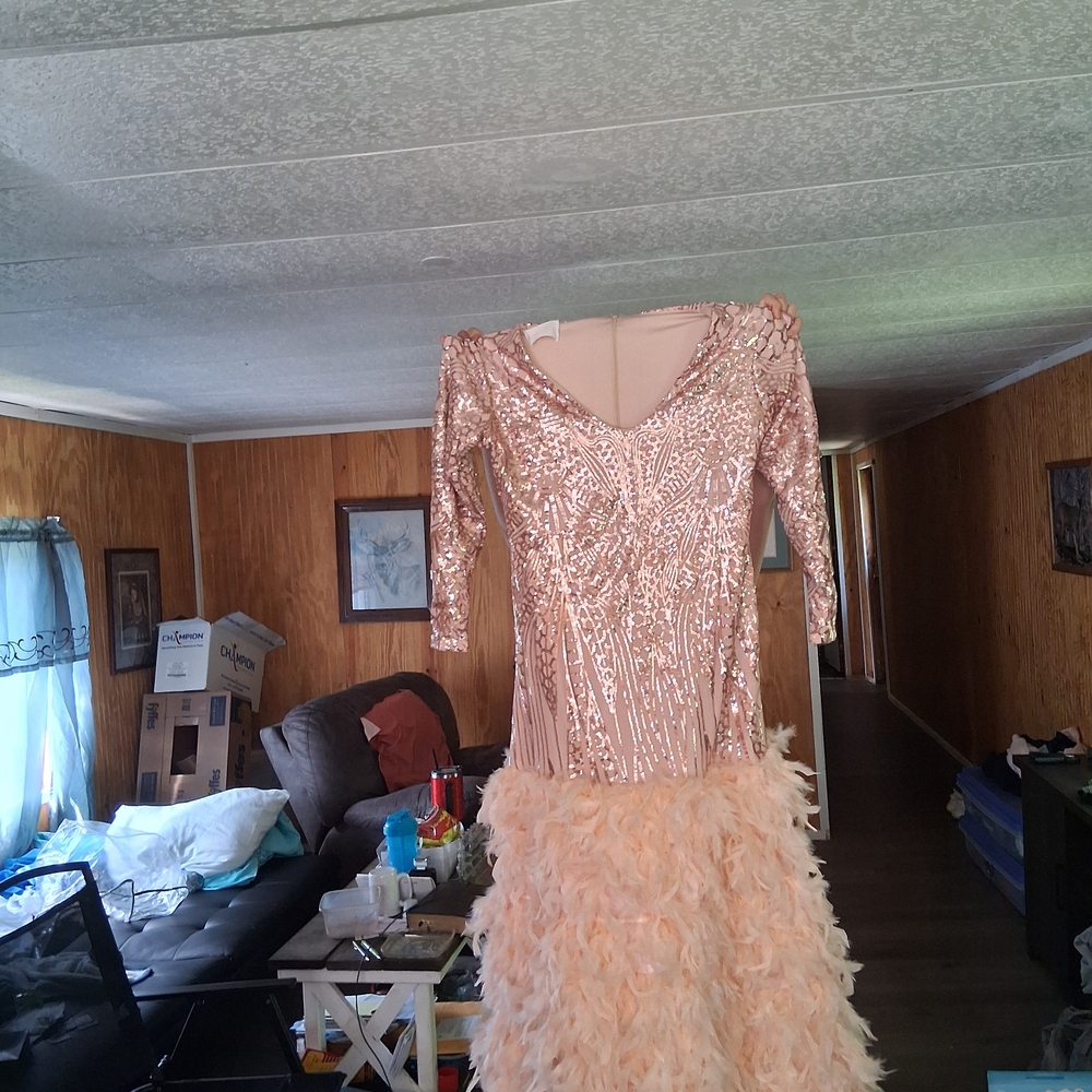 Glamorous Pink Sequin and Feather Prom Dress